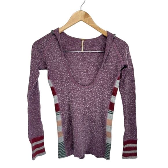 Free People Hooded Top Striped Sleeve Pullover Knit Sweater Purple XS Wool Blend - Picture 1 of 8